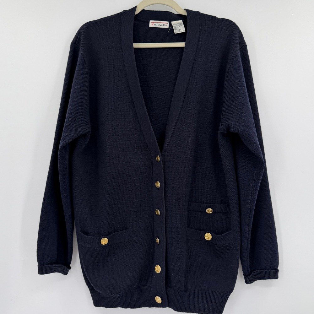 100% Merino Wool Vintage Talbots Navy Blue Cardigan Gold Crest Buttons Large